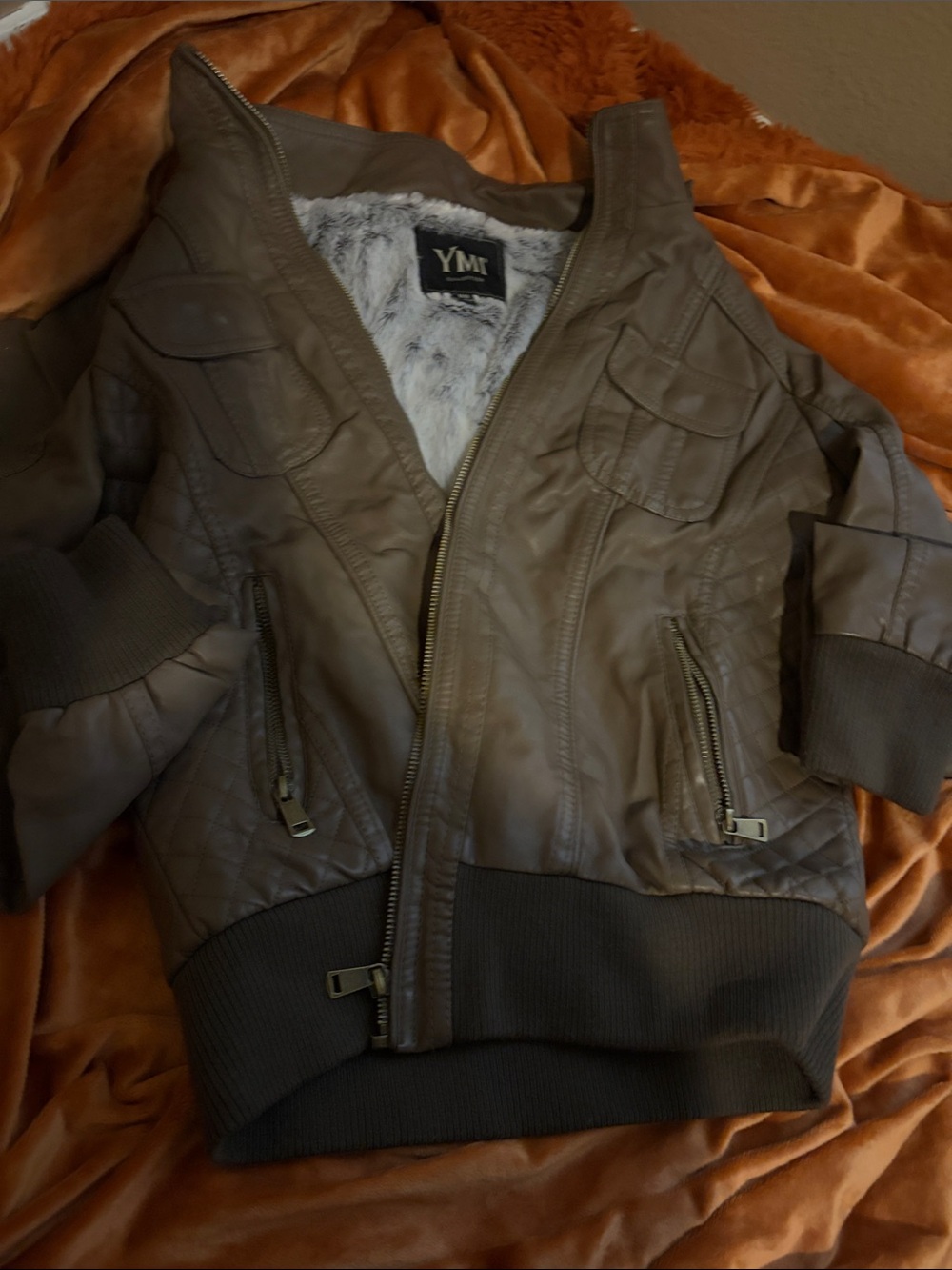 YMI Women’s Quilted Faux-Leather Bomber Jacket in Taupe